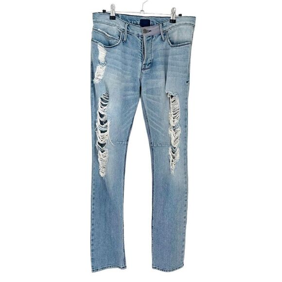RtA Road To Awe Distressed Skinny Jeans Knee Pleat Mid Rise Blue Womens Size 25 - Picture 1 of 14